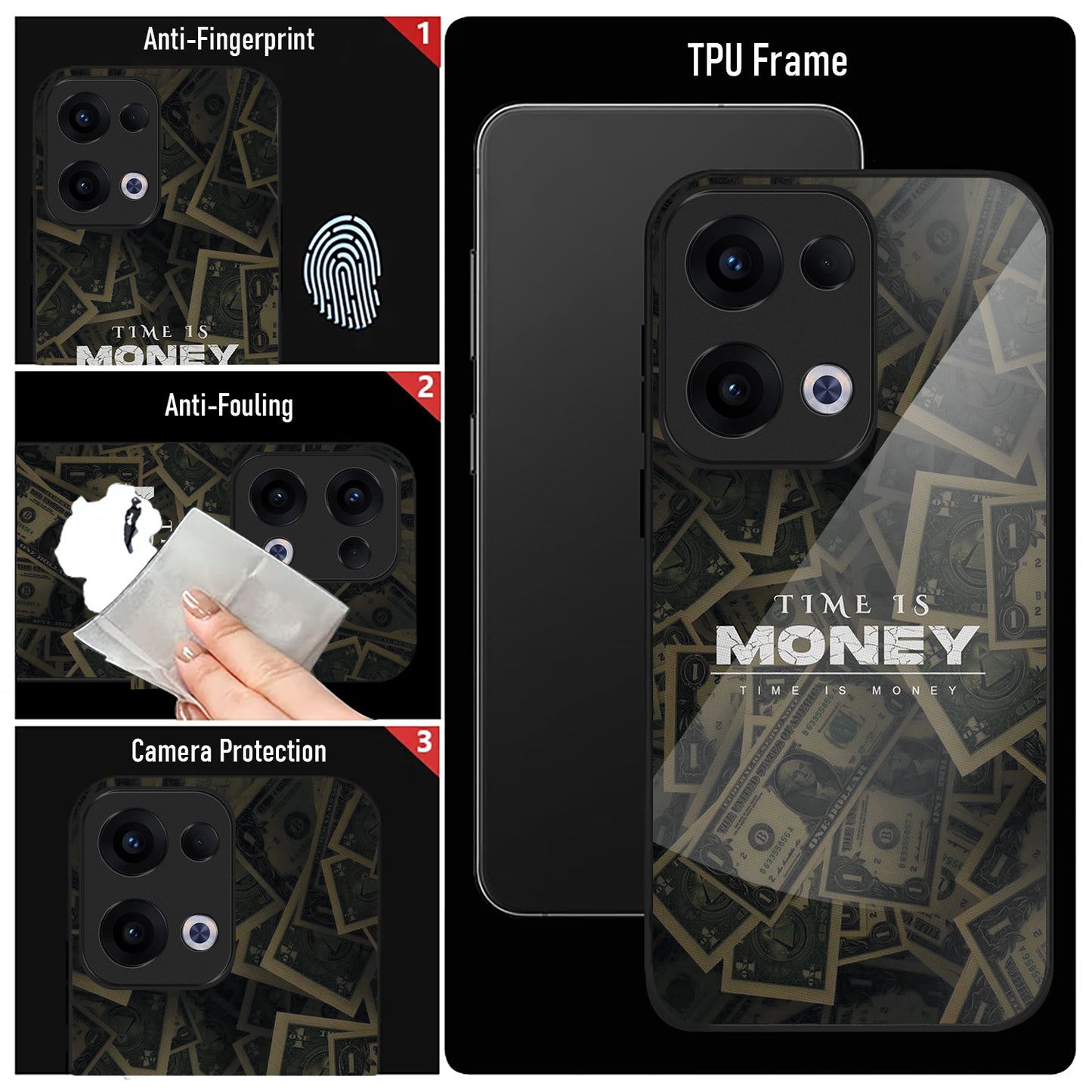 Oppo Reno 13 5G Premium Acrylic Shockproof Glass Back Case (Time is Money)