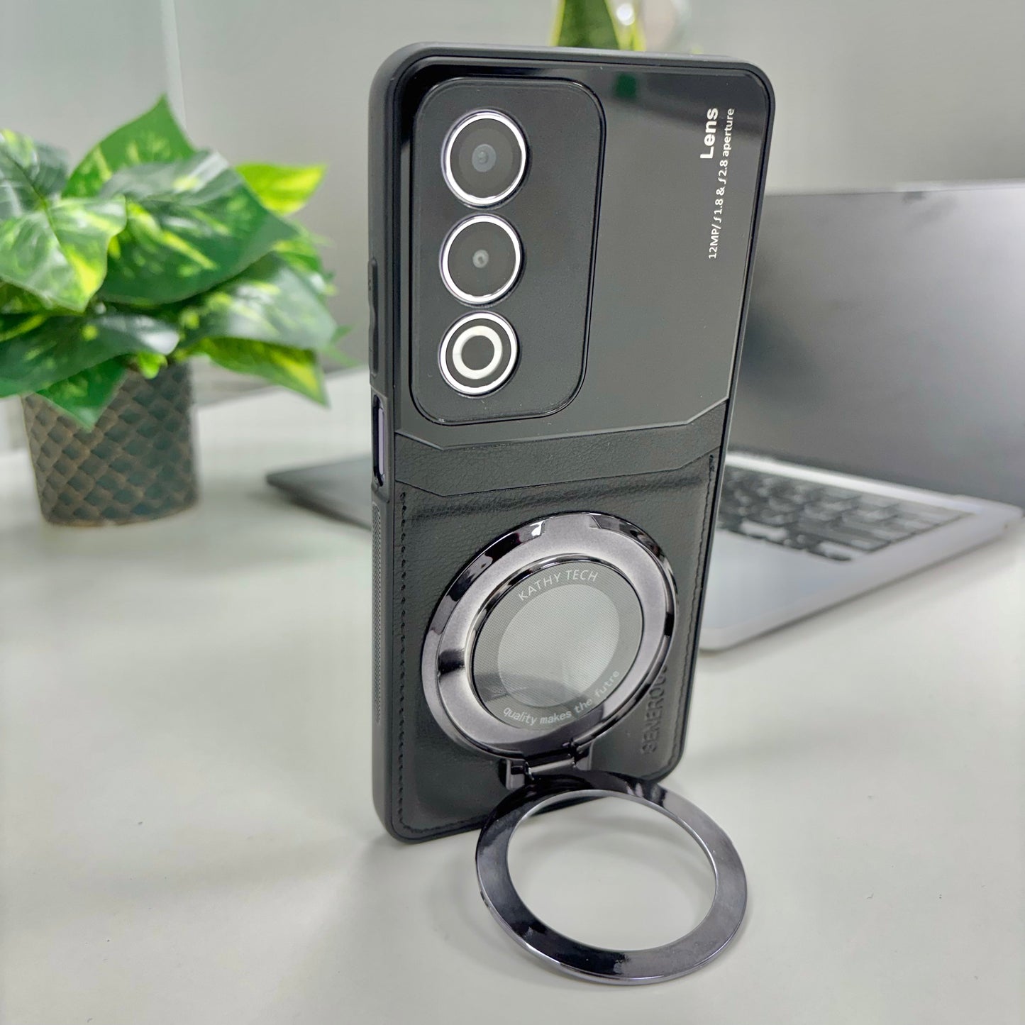 Oppo A3 Pro 5G Original Luxury Leather Lens Magnifier Ring Stand Case