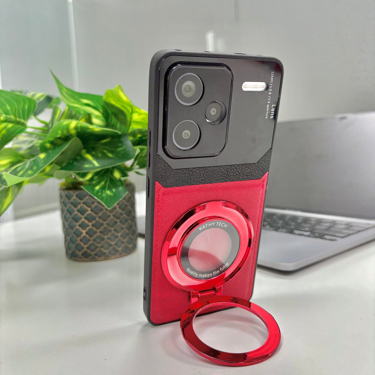 Redmi Note 13 Pro+ 5G Original Luxury Leather Lens Magnifier Ring Stand Case