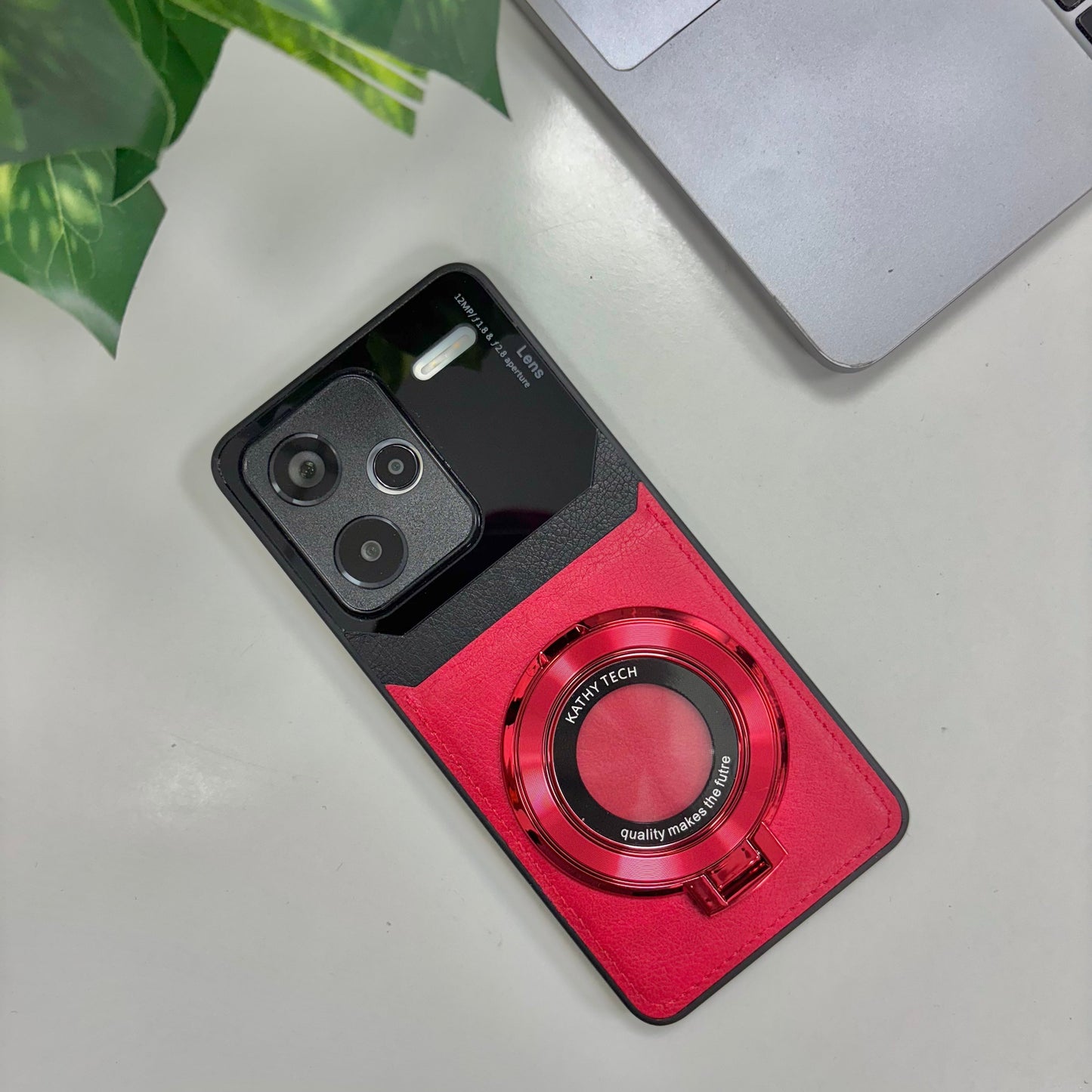 Redmi Note 13 Pro+ 5G Original Luxury Leather Lens Magnifier Ring Stand Case