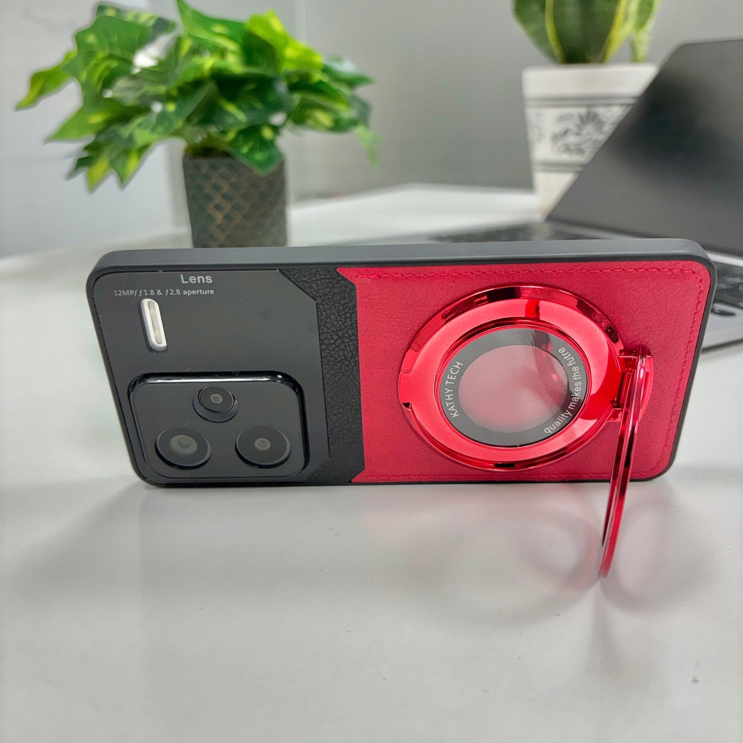 Redmi Note 13 Pro+ 5G Original Luxury Leather Lens Magnifier Ring Stand Case