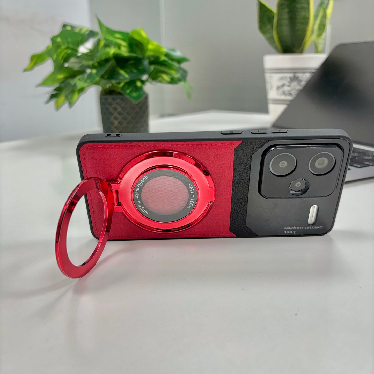 Redmi Note 13 Pro+ 5G Original Luxury Leather Lens Magnifier Ring Stand Case
