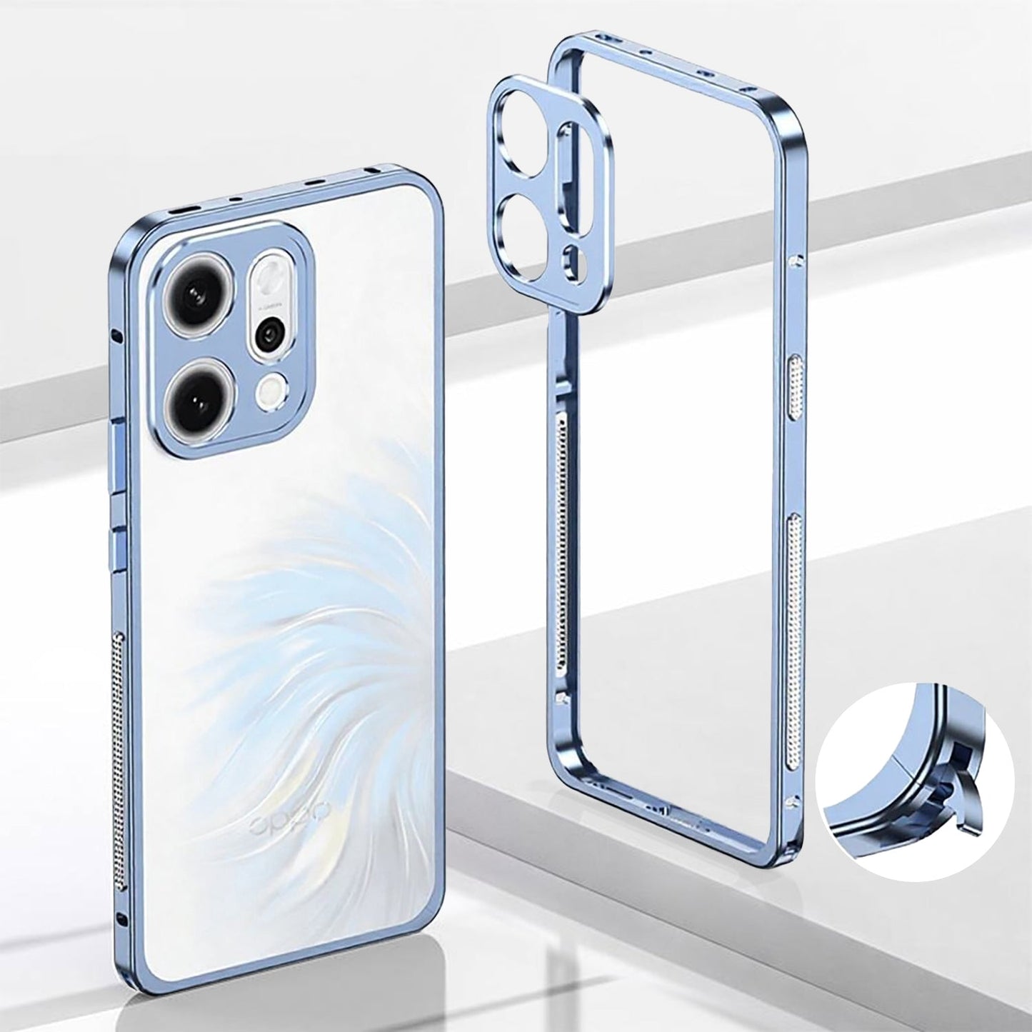 Oppo Reno 14 5G Blue phone case with clear back and metal frame on a white background