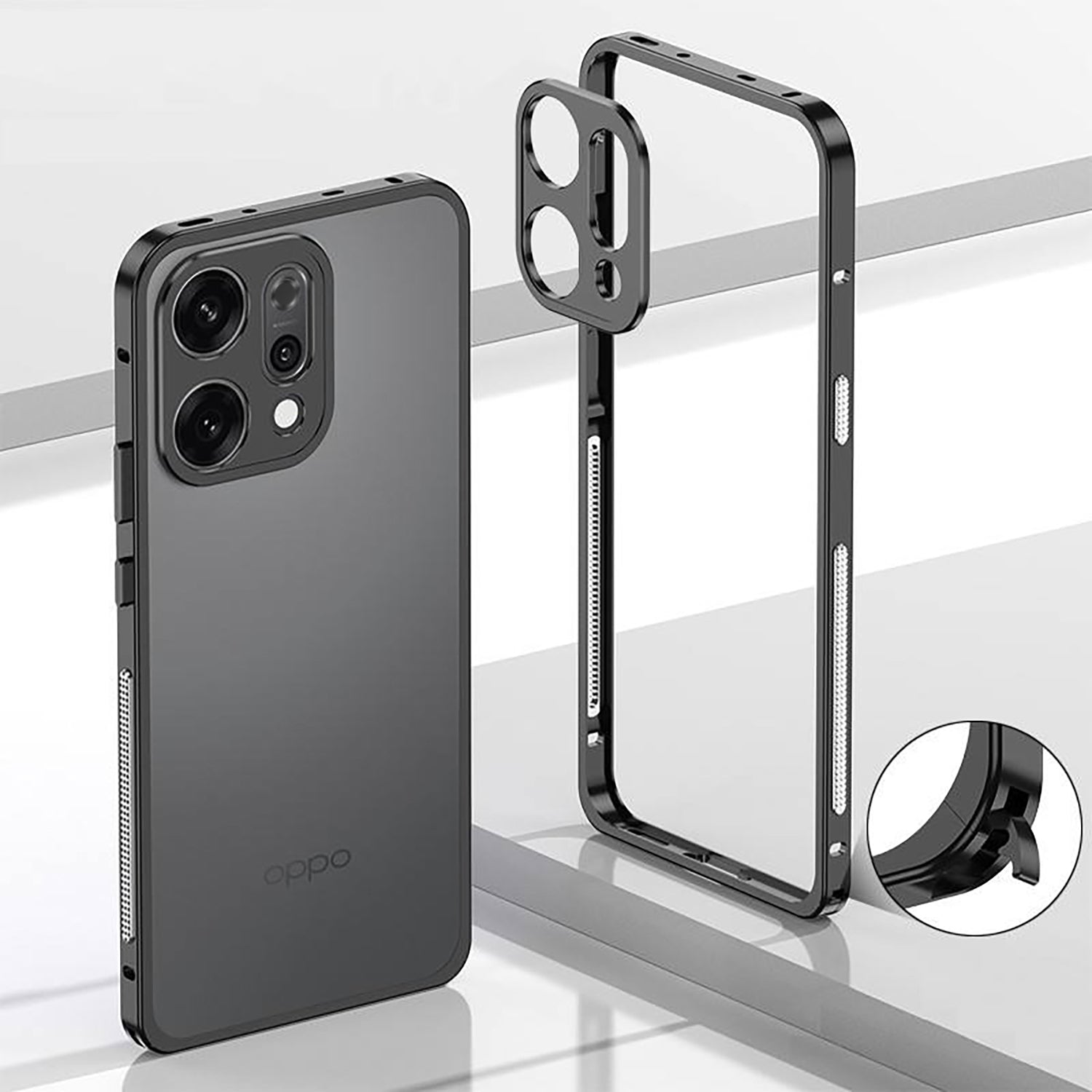 Oppo Reno 14 5G Black phone case with ring holder on a reflective surface