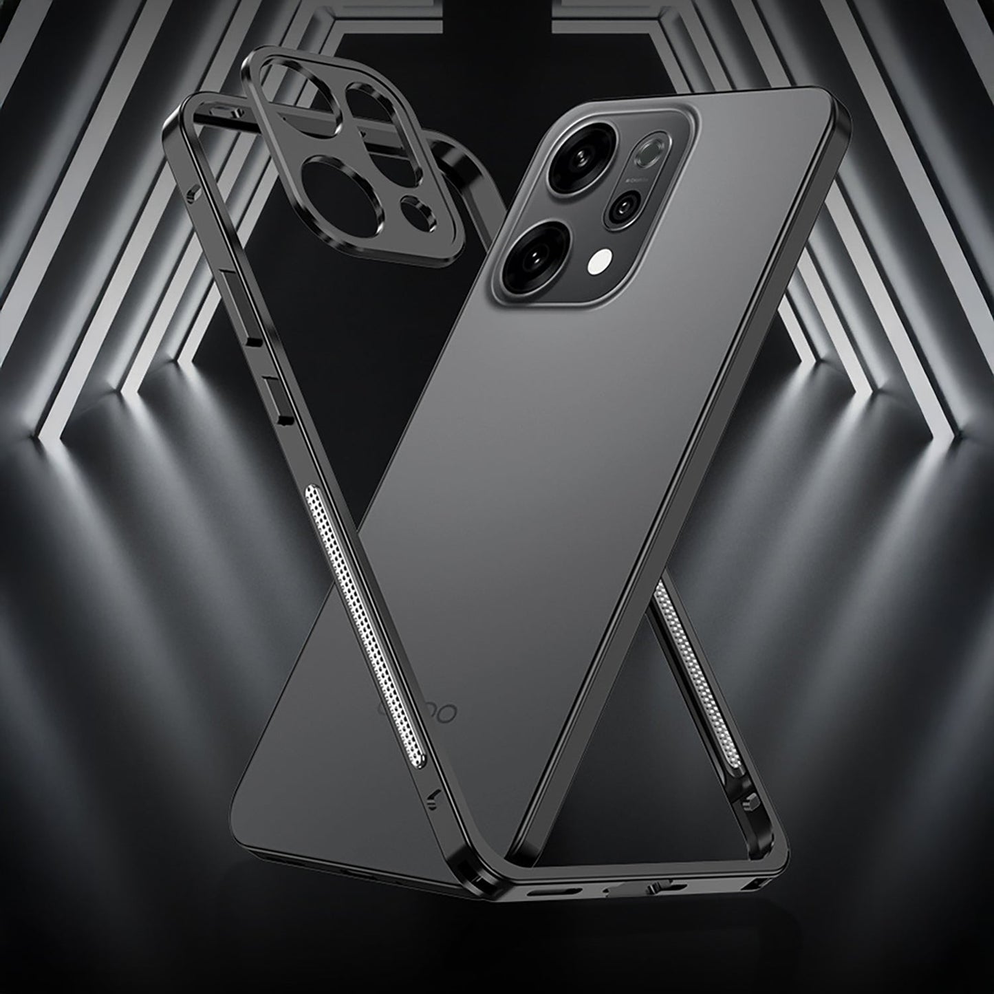 Oppo Reno 14 5G Black phone case with reflective surface on a dark geometric background