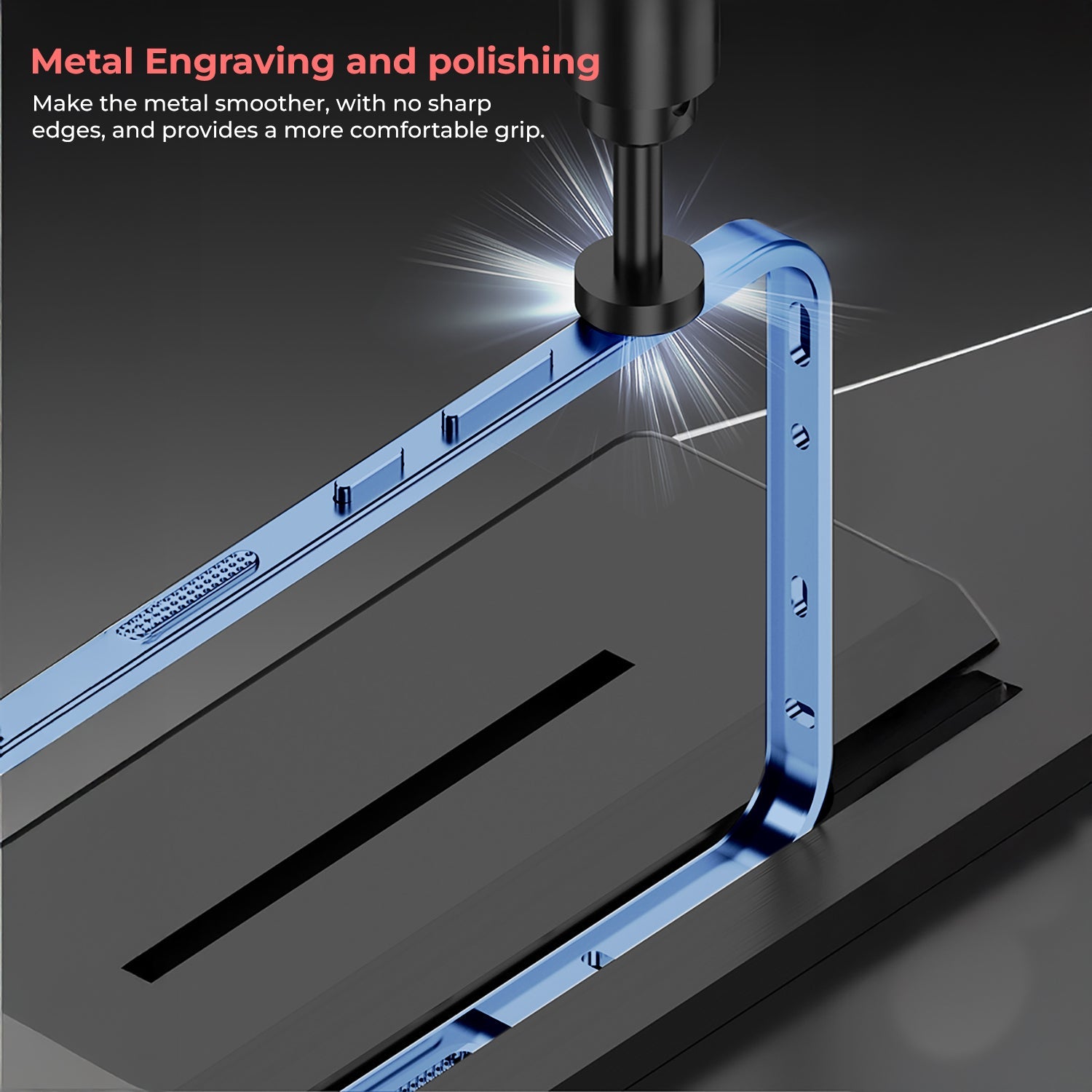 Oppo Reno 14 5G Metal engraving and polishing process with a blue metal frame being worked on.