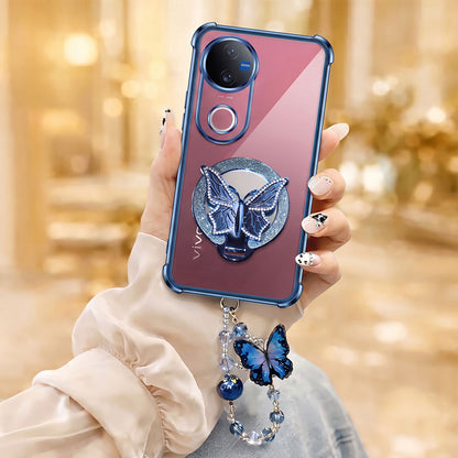 Vivo V50 5G Transparent Airbag Butterfly Stand Case with Charm Strap