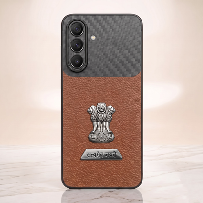 Samsung Galaxy A57 5G Satyamev Jayate 2-in-1 Emblem Carbon Fiber Leather Phone Case