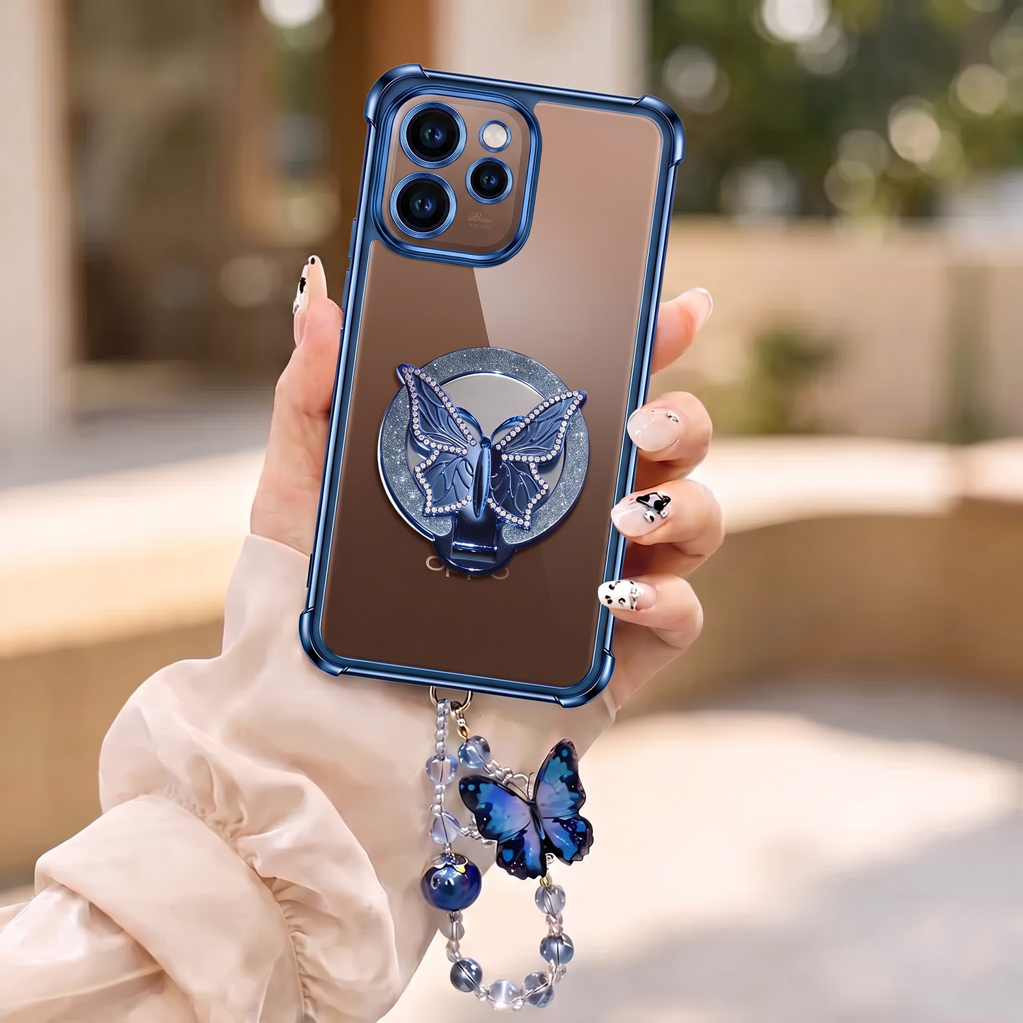 Oppo Reno 15 Pro Mini 5G Transparent Airbag Butterfly Stand Case with Charm Strap