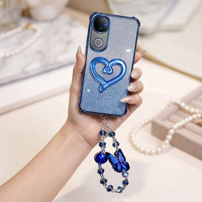 Vivo V50 5G Luxury Shimmer Airbag Heart Stand Case with Charm Strap
