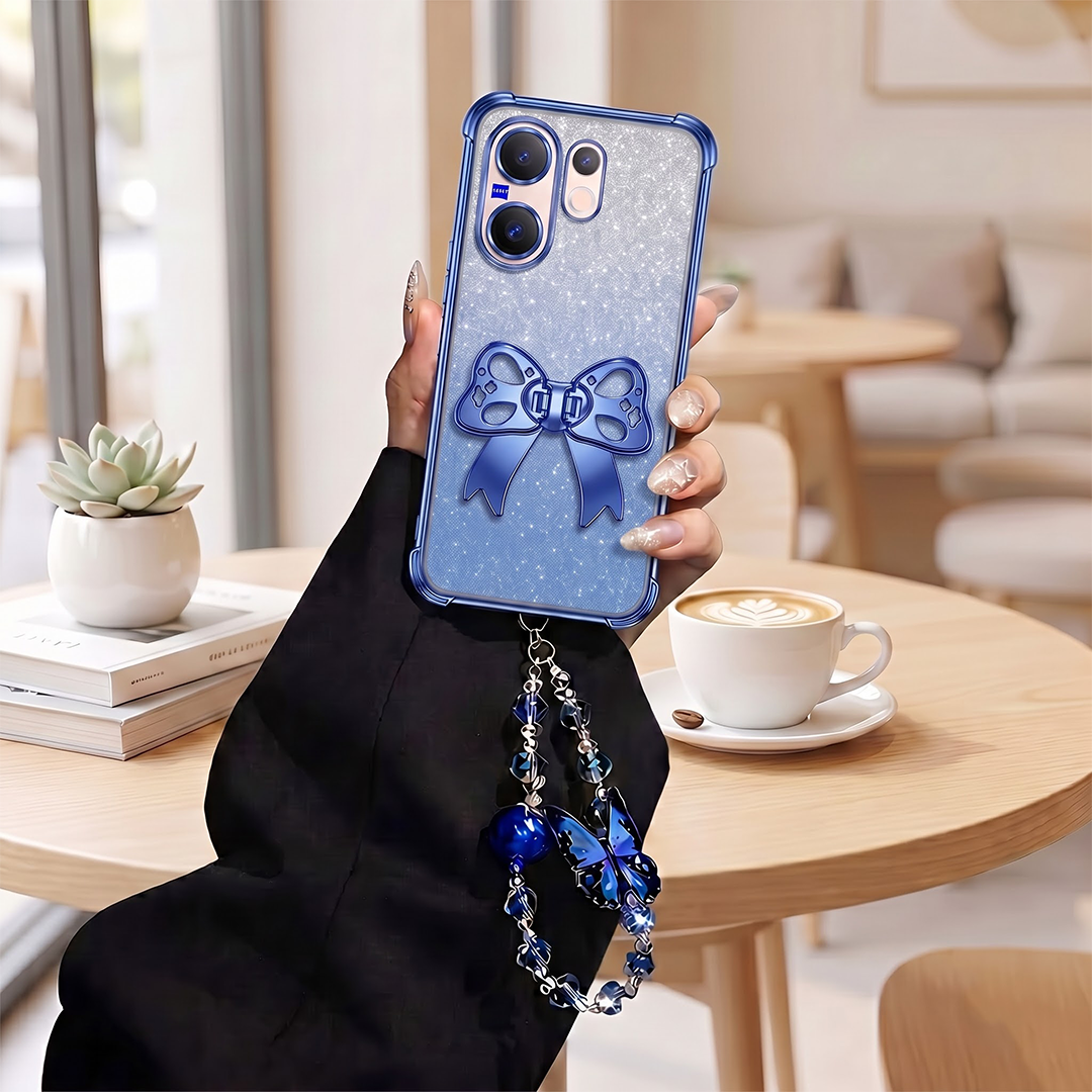 Vivo V60 5G Luxury Shimmer Airbag Bow Stand Case with Charm Strap