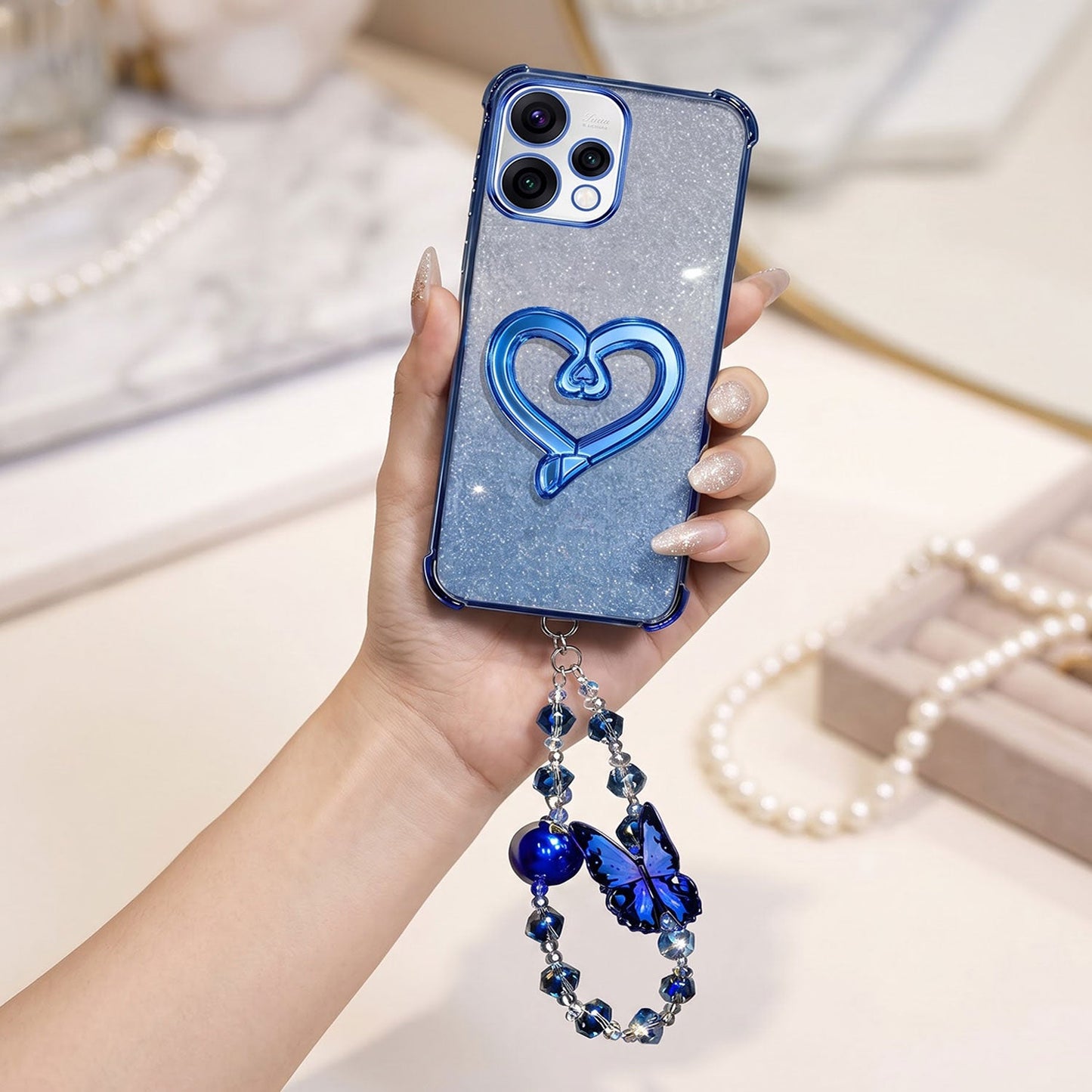 Oppo Reno 15 5G Luxury Shimmer Airbag Heart Stand Case with Charm Strap