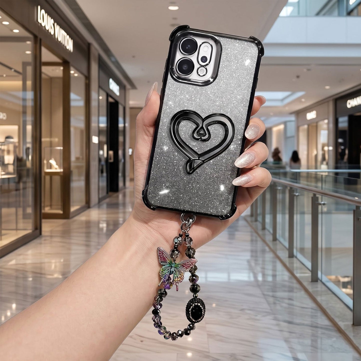 Oppo Reno 14 5G Luxury Shimmer Airbag Heart Stand Case with Charm Strap
