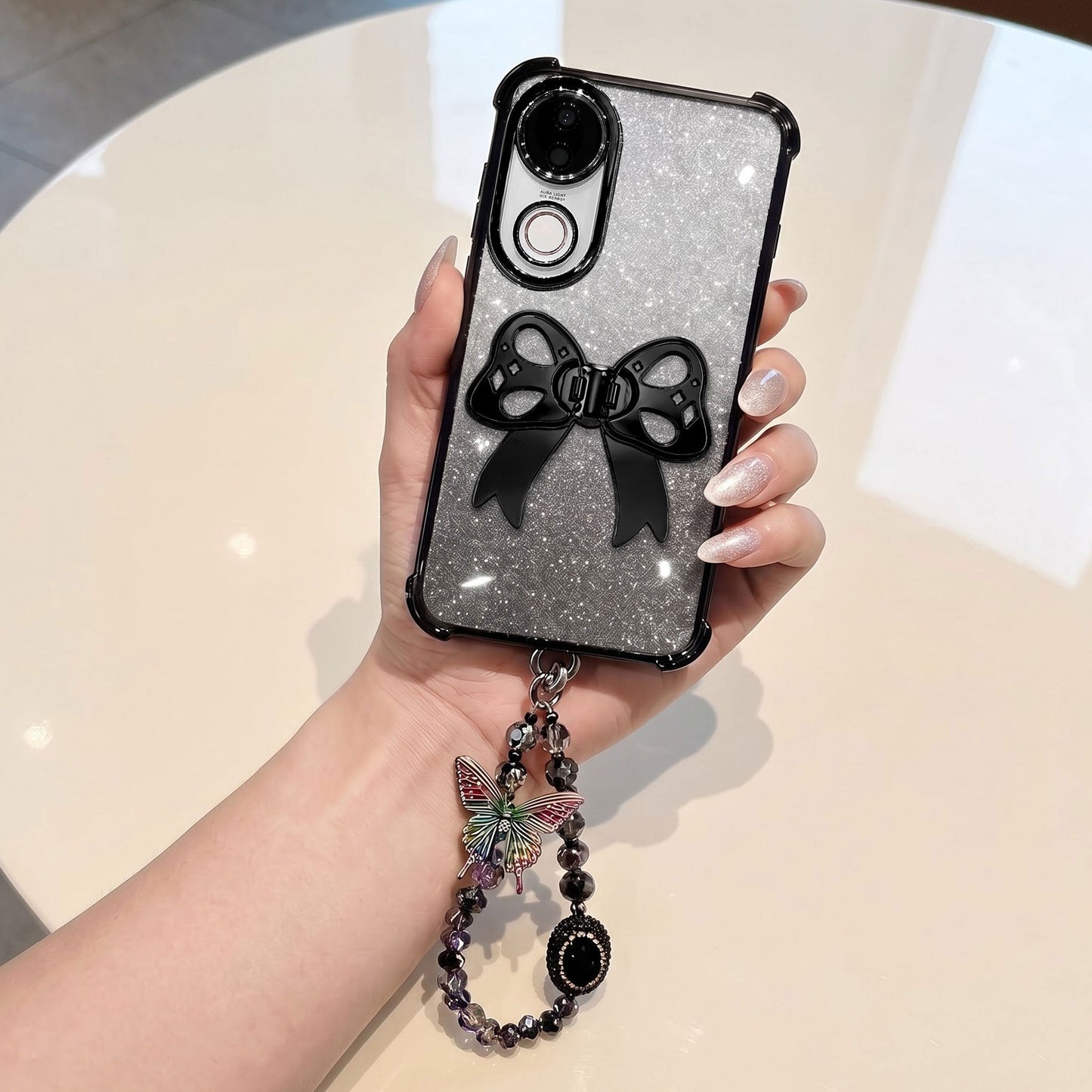 Vivo V50 5G Luxury Shimmer Airbag Bow Stand Case with Charm Strap