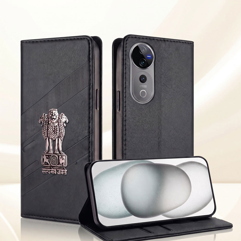 Vivo V40 Pro 5G Satyamev Jayate 3D Emblem Magnetic Flip Wallet Case