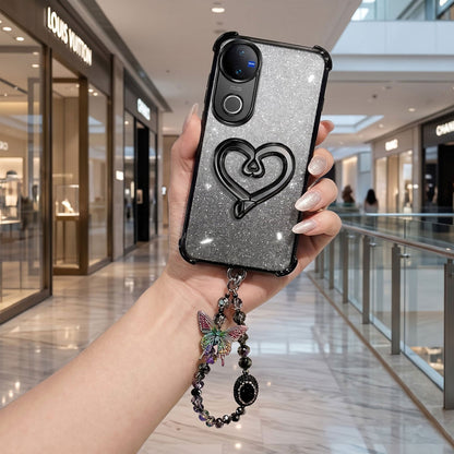Vivo V50 5G Luxury Shimmer Airbag Heart Stand Case with Charm Strap