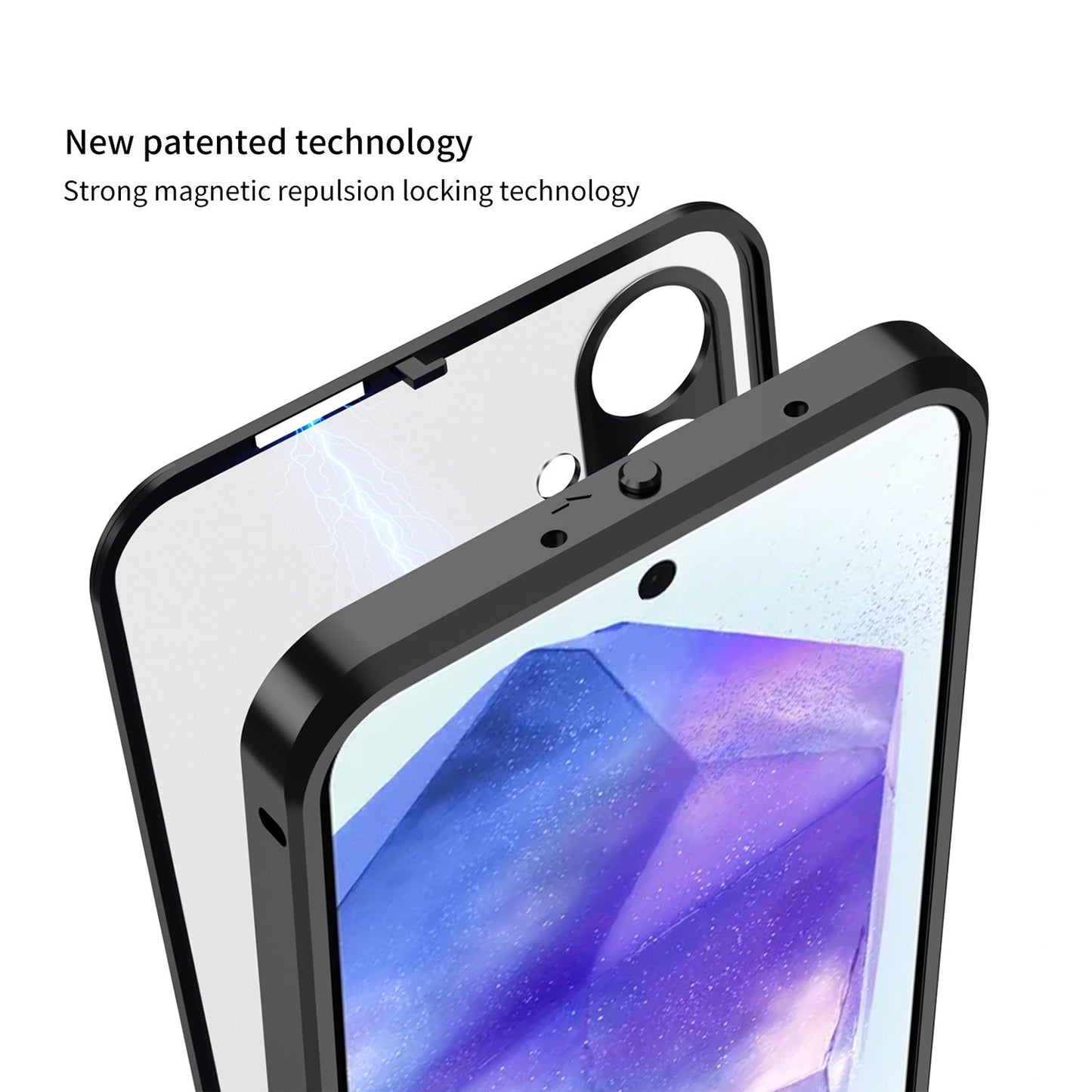 Samsung Galaxy A55 5G Smartphone with a black frame and screen protector, featuring text about new patented technology.