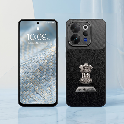Vivo V70 5G Satyamev Jayate 2-in-1 Emblem Carbon Fiber Leather Phone Case