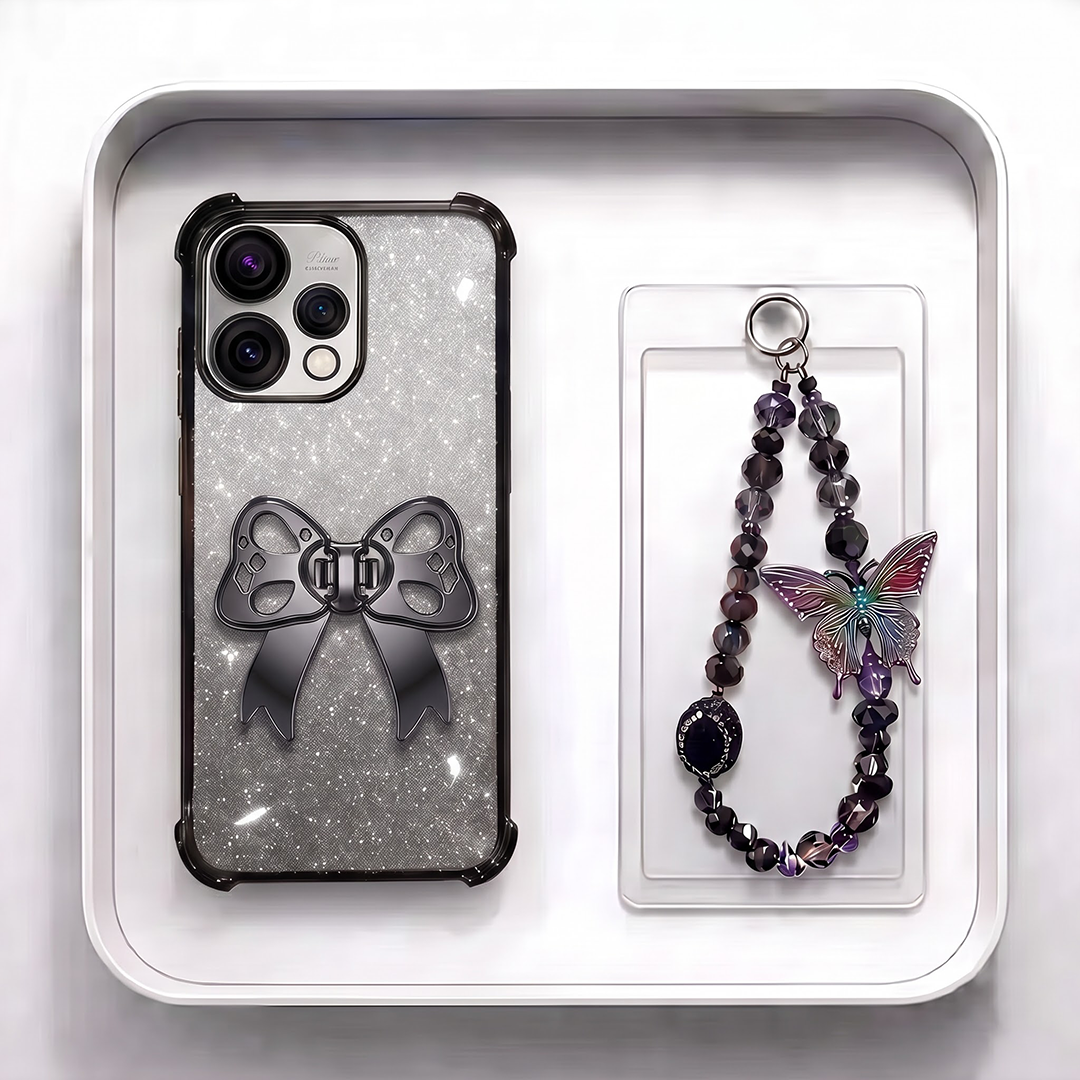 Oppo Reno 15 5G Luxury Shimmer Airbag Bow Stand Case with Charm Strap