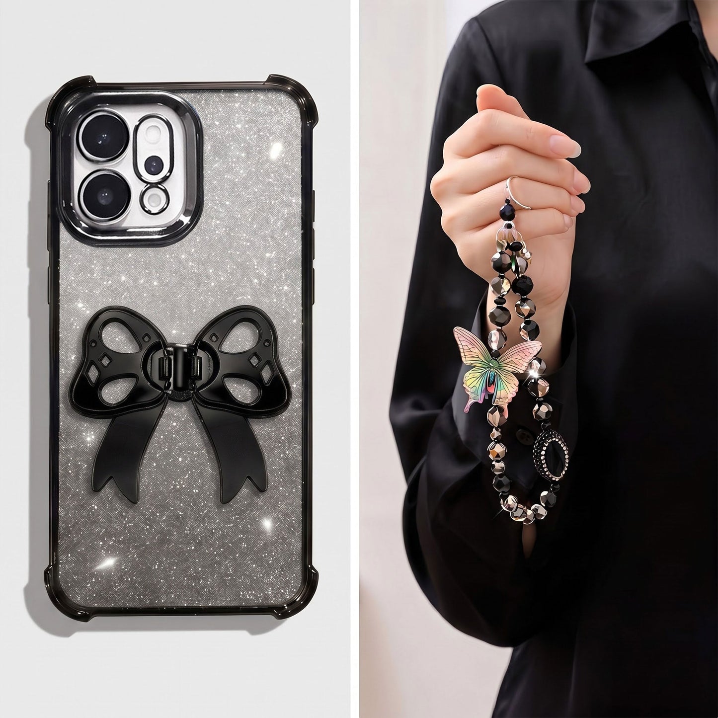 Oppo Reno 14 5G Luxury Shimmer Airbag Bow Stand Case with Charm Strap
