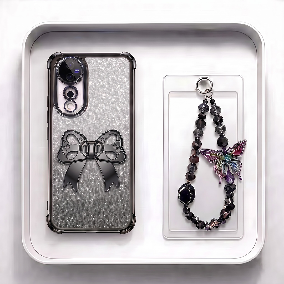 Vivo V40 Pro 5G Luxury Shimmer Airbag Bow Stand Case with Charm Strap