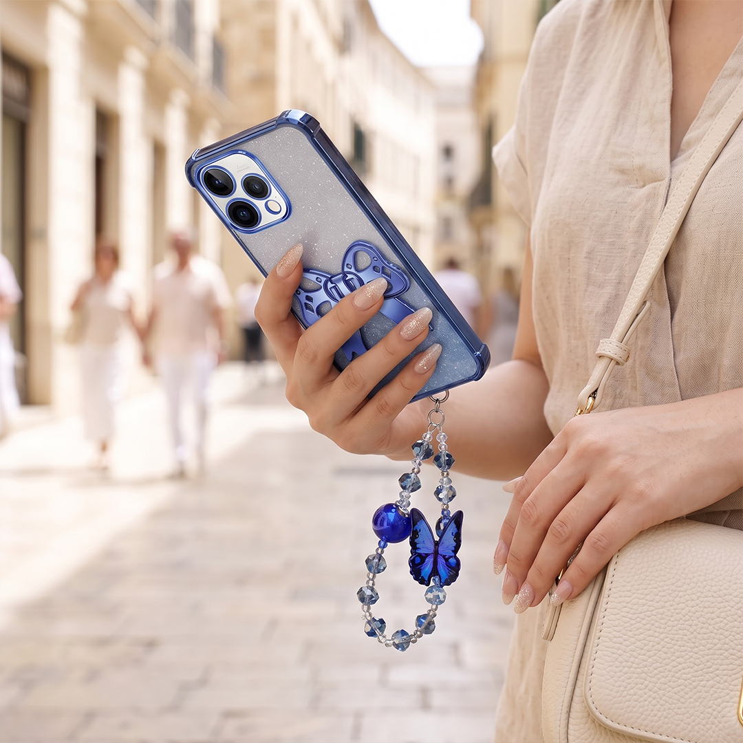 Oppo Reno 15 5G Luxury Shimmer Airbag Bow Stand Case with Charm Strap