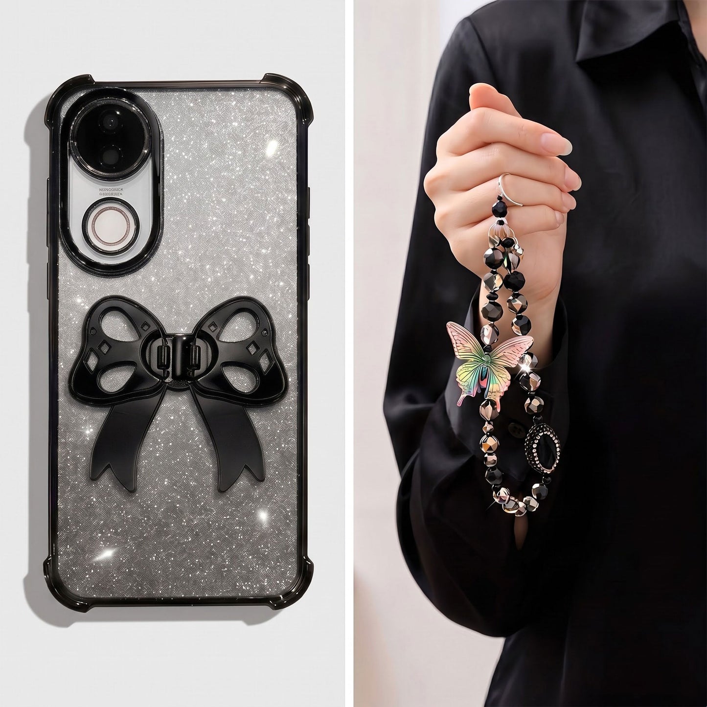 Vivo V50 5G Luxury Shimmer Airbag Bow Stand Case with Charm Strap