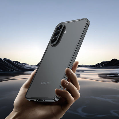 Samsung Galaxy A56 5G Hand holding a Samsung smartphone with a scenic background