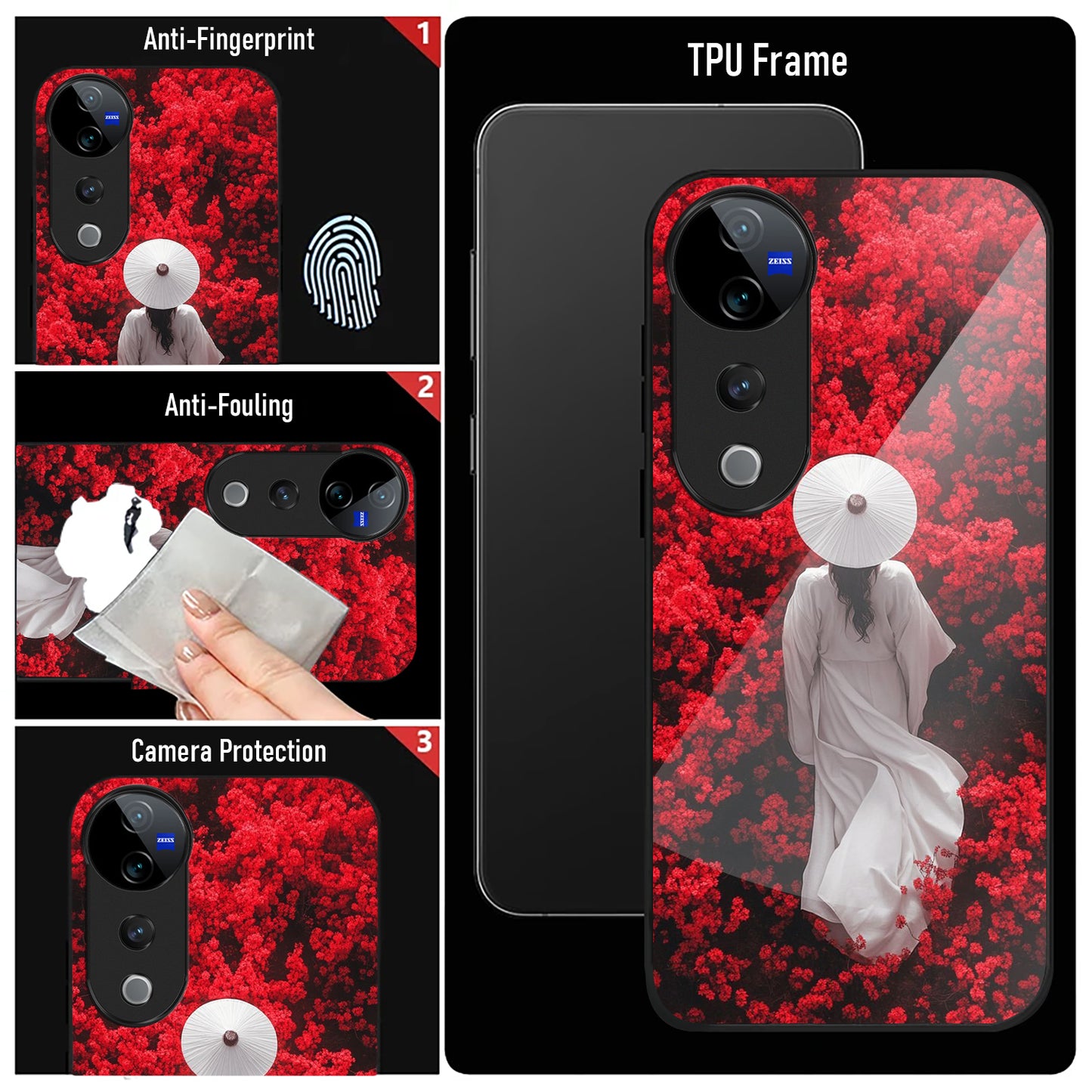 Vivo V40 Pro 5G Premium Acrylic Shockproof Glass Back Case (Red Blossoms)