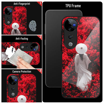 Vivo V40 Pro 5G Premium Acrylic Shockproof Glass Back Case (Red Blossoms)
