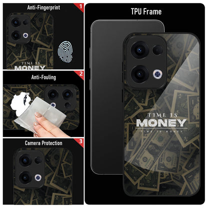 Oppo Reno 13 5G Premium Acrylic Shockproof Glass Back Case (Time is Money)