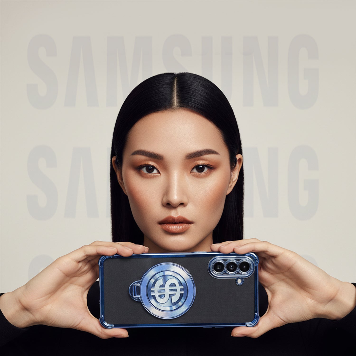 Person holding a Samsung Galaxy A36 5G phone with a clear case against a branded background