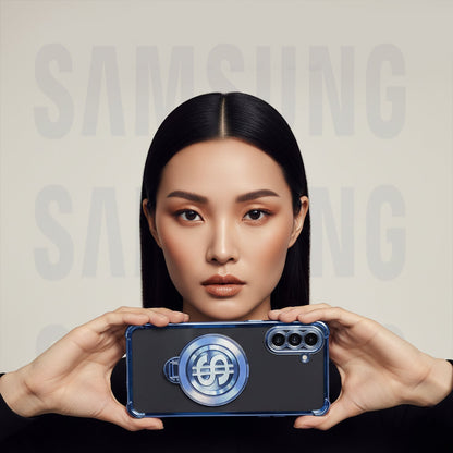 Person holding a Samsung Galaxy A36 5G phone with a clear case against a branded background