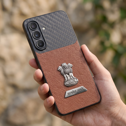 Samsung Galaxy A57 5G Satyamev Jayate 2-in-1 Emblem Carbon Fiber Leather Phone Case