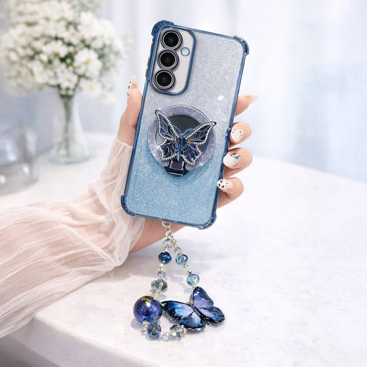 Samsung Galaxy A36 5G Shockproof Shimmer Butterfly Stand Case with Charm Strap
