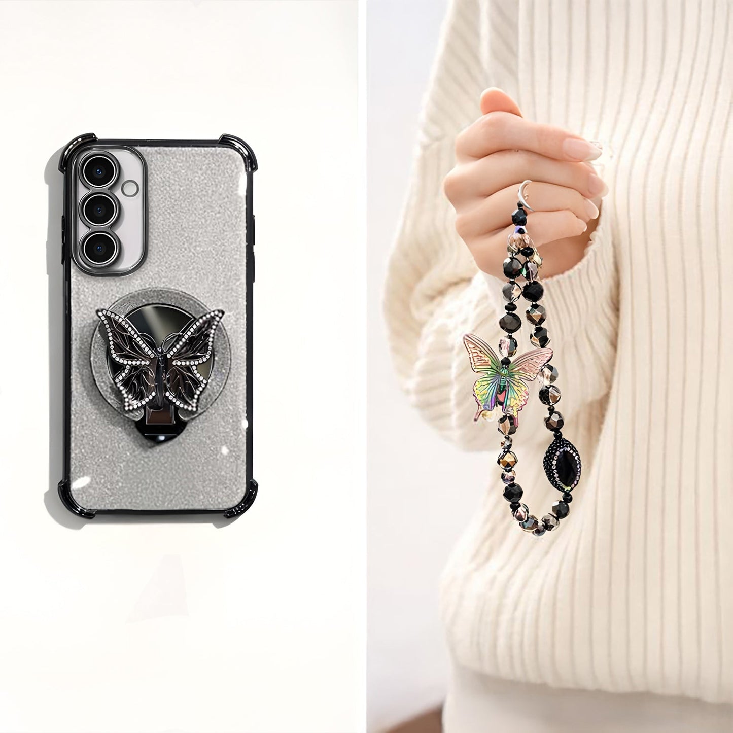 Samsung Galaxy A36 5G Shockproof Shimmer Butterfly Stand Case with Charm Strap