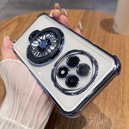 Phone case with camera lens design held by a hand on a wooden surface