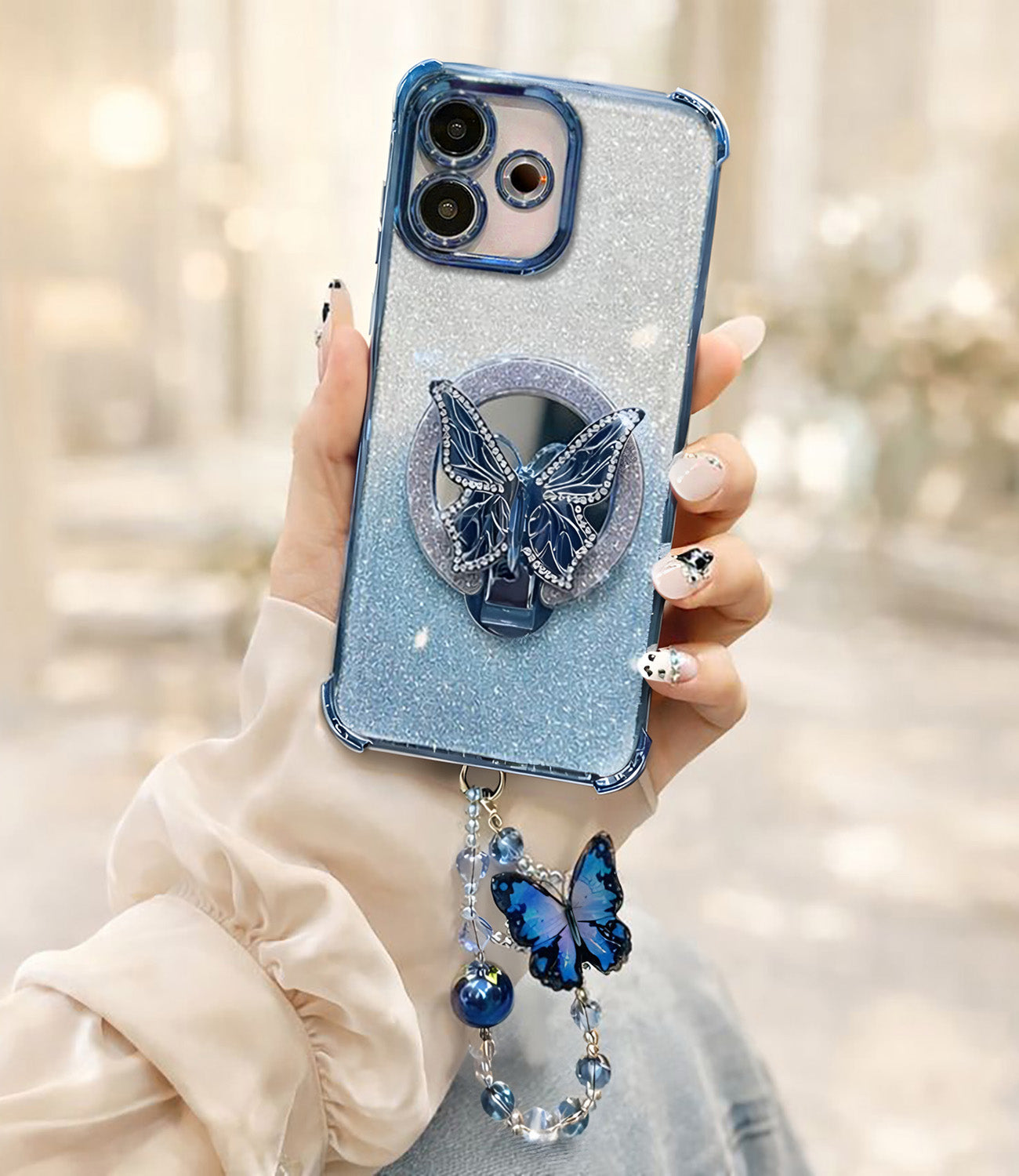 Oppo A5 Pro 5G Shockproof Shimmer Butterfly Stand Case with Charm Strap