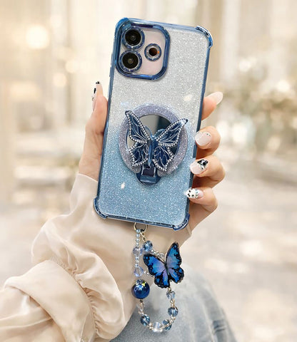 Oppo A5 Pro 5G Shockproof Shimmer Butterfly Stand Case with Charm Strap