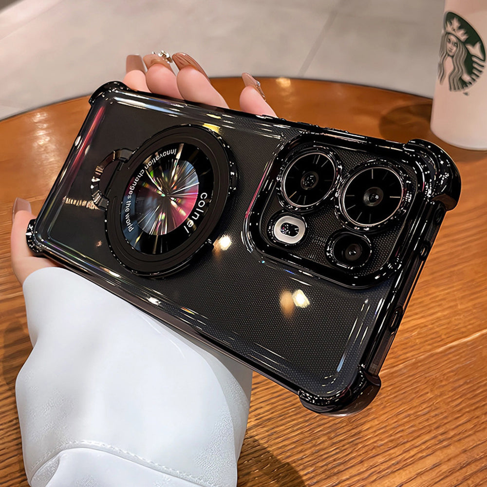 Person holding a Oppo Reno 14 5G black phone case with camera details on a wooden table