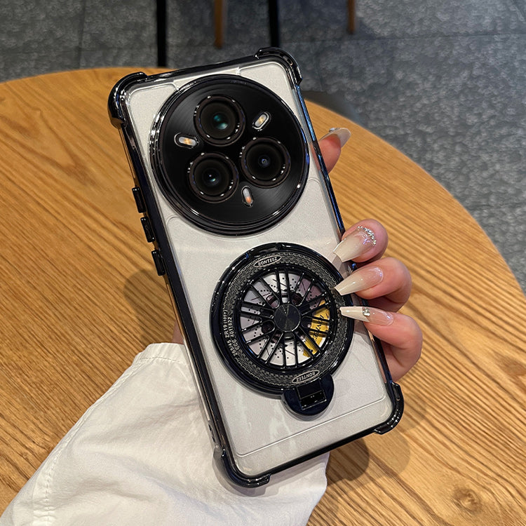 Realme 14 Pro+ 5G case featuring a smooth rotating ring and shock-absorbing airbag corners for extra drop protection.