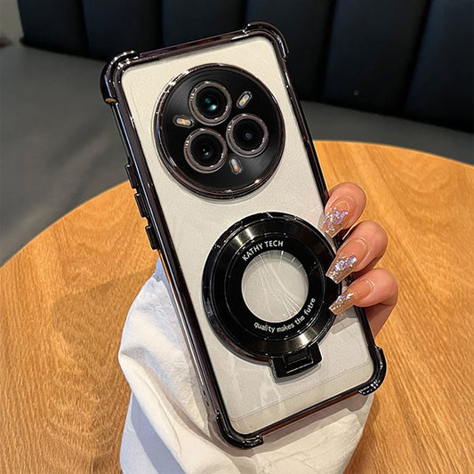 Clear shockproof case for Realme 14 Pro+ 5G featuring a strong ring stand that also acts as a grip and magnifier.