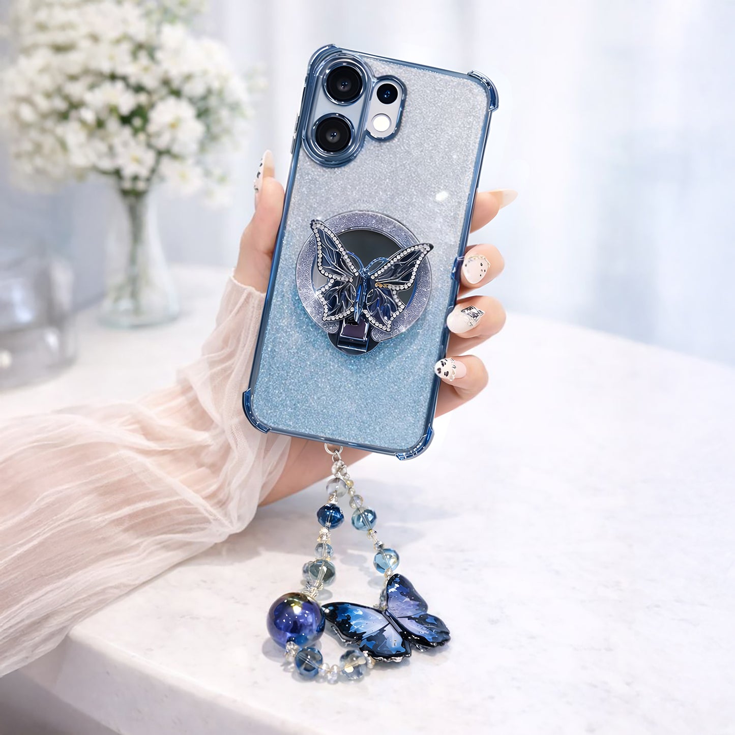 Vivo V60 5G Shockproof Butterfly Stand Case with Charm Strap