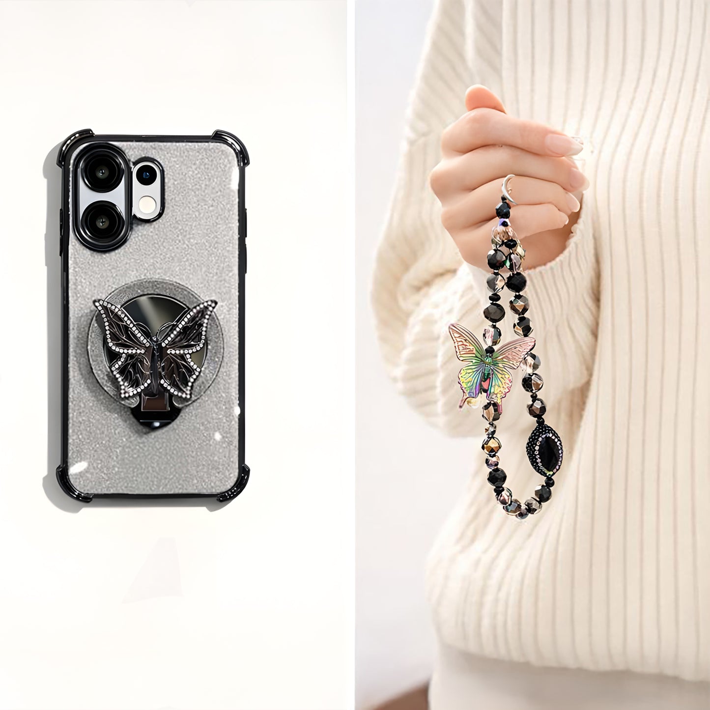 Vivo V60 5G Shockproof Butterfly Stand Case with Charm Strap