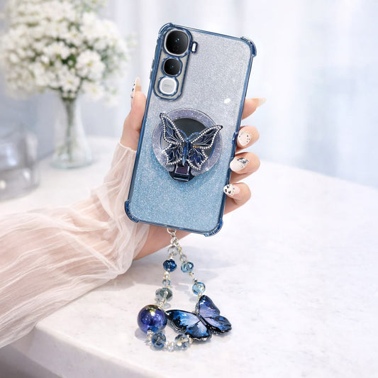 Vivo Y400 Pro 5G Shockproof Shimmer Butterfly Stand Case with Charm Strap