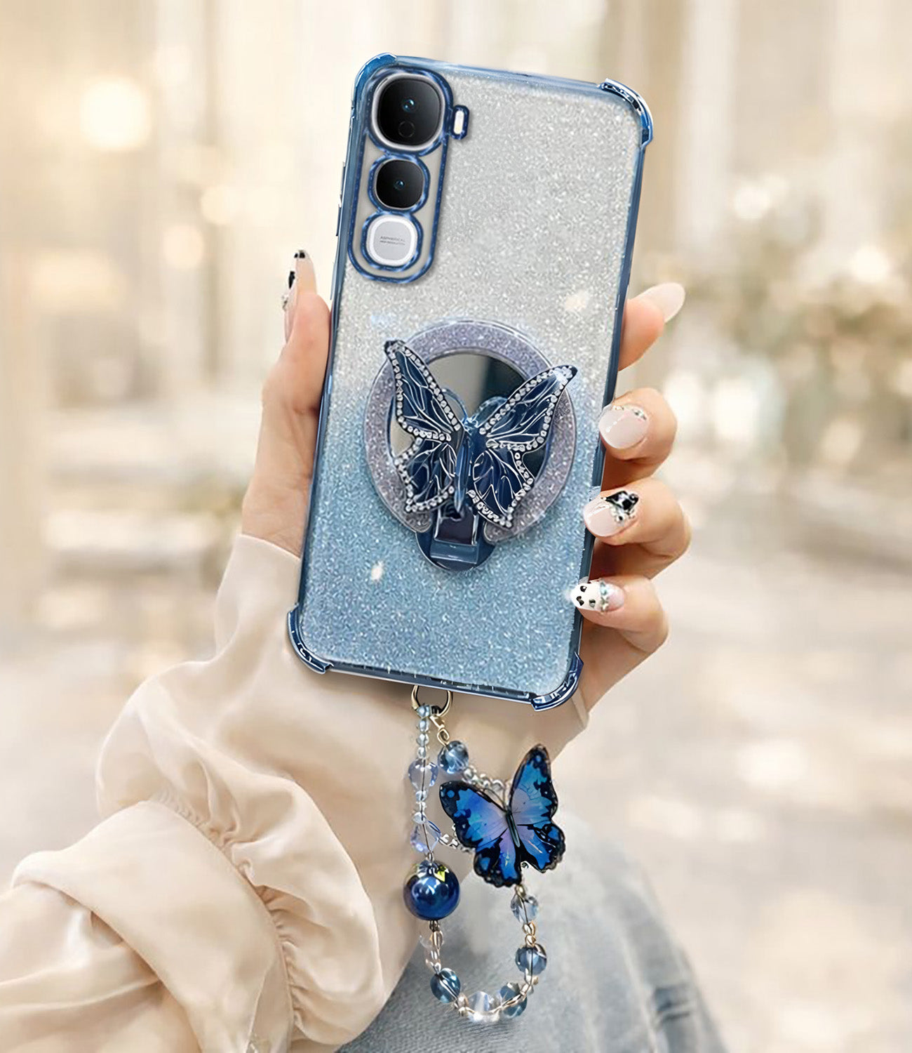 Vivo Y400 Pro 5G Shockproof Butterfly Stand Case with Charm Strap
