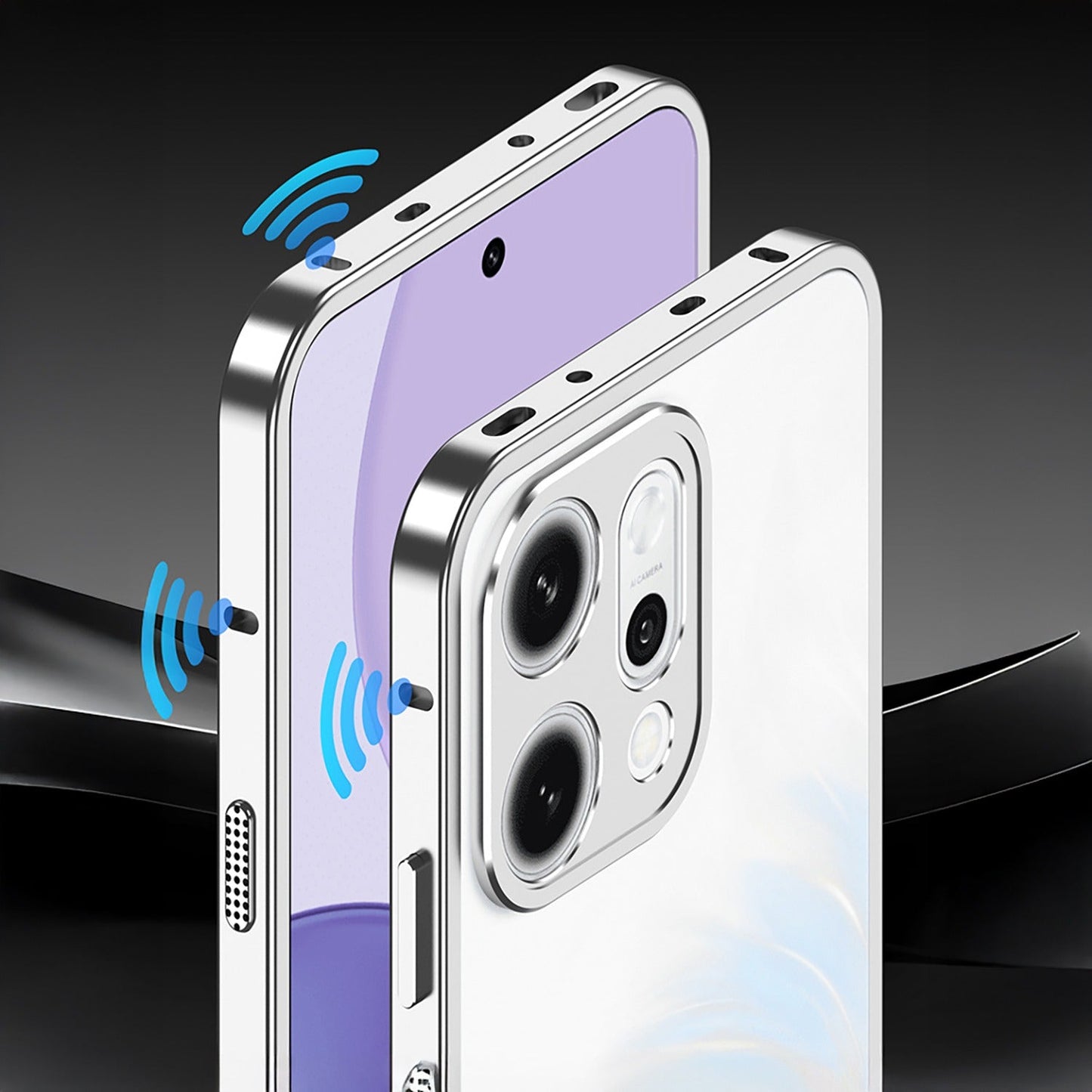 Oppo Reno 14 5G Smartphone with a metallic case on a black background