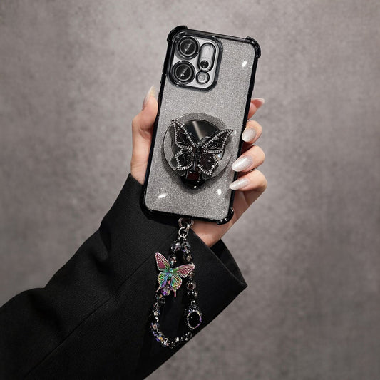 Oppo Reno 14 5G Shockproof Shimmer Butterfly Stand Case with Charm Strap